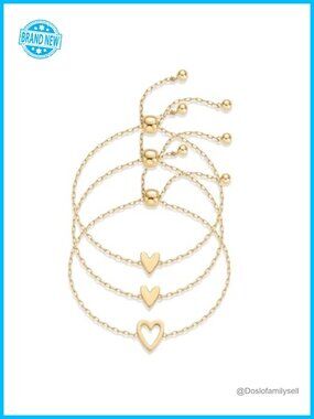 Gold Plated Heart Charms Solitaire Bracelet Set Adjustable Two Pack